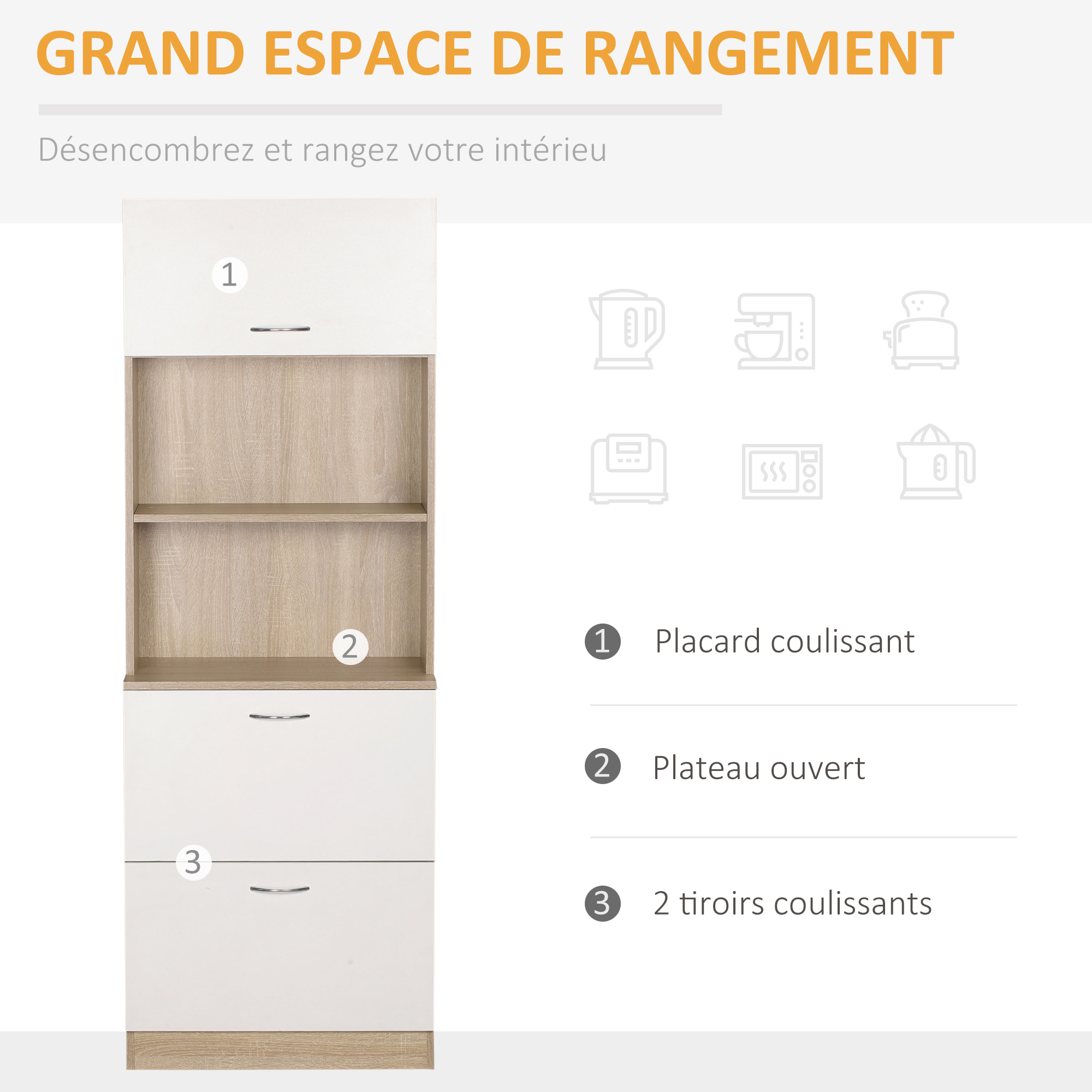 Buffet haut - armoire de cuisine - 2 tiroirs coulissants, placard haut porte relevable, niche, plateau - aspect bois clair blanc