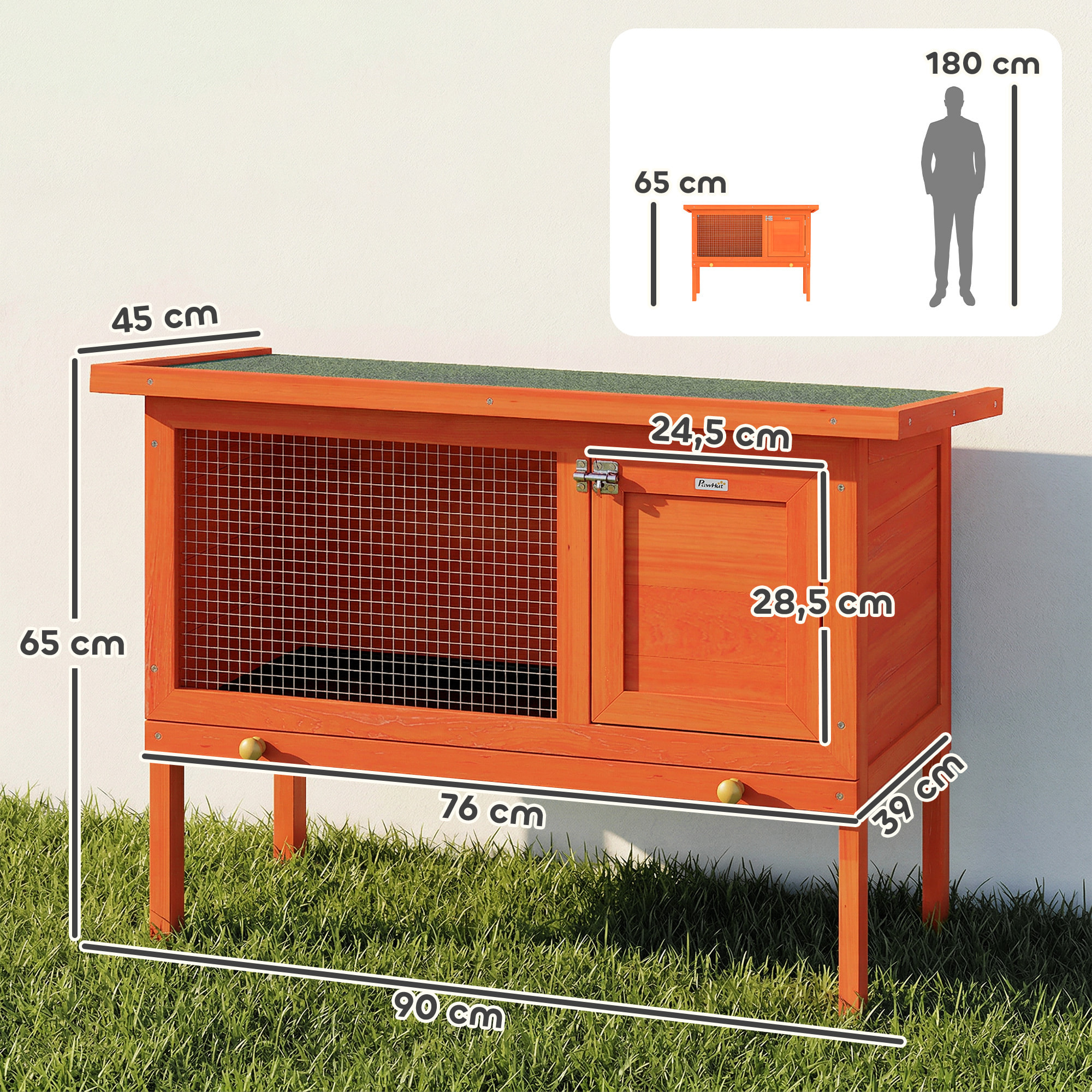 Conejera de Madera, Jaula para Conejos Medianos con Techo Asfáltico Abatible, Bandeja Extraíble, Puerta con Pestillo, Conejera Elevada Exterior, para Cobayas y Chinchillas, 90x45x65 cm, Naranja
