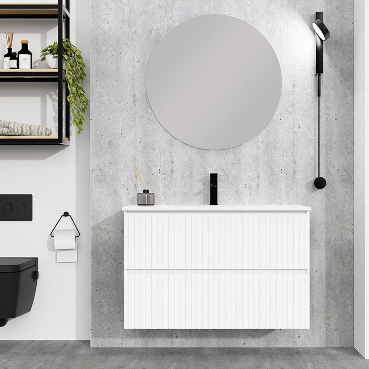 Conjunto de Baño Miya | Mueble de Baño Suspendido | 100 cm Blanco| Dos Cajones | Lavabo Encastrado | No incluye Espejo | Alday