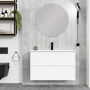 Conjunto de Baño Miya | Mueble de Baño Suspendido | 100 cm Blanco| Dos Cajones | Lavabo Encastrado | No incluye Espejo | Alday