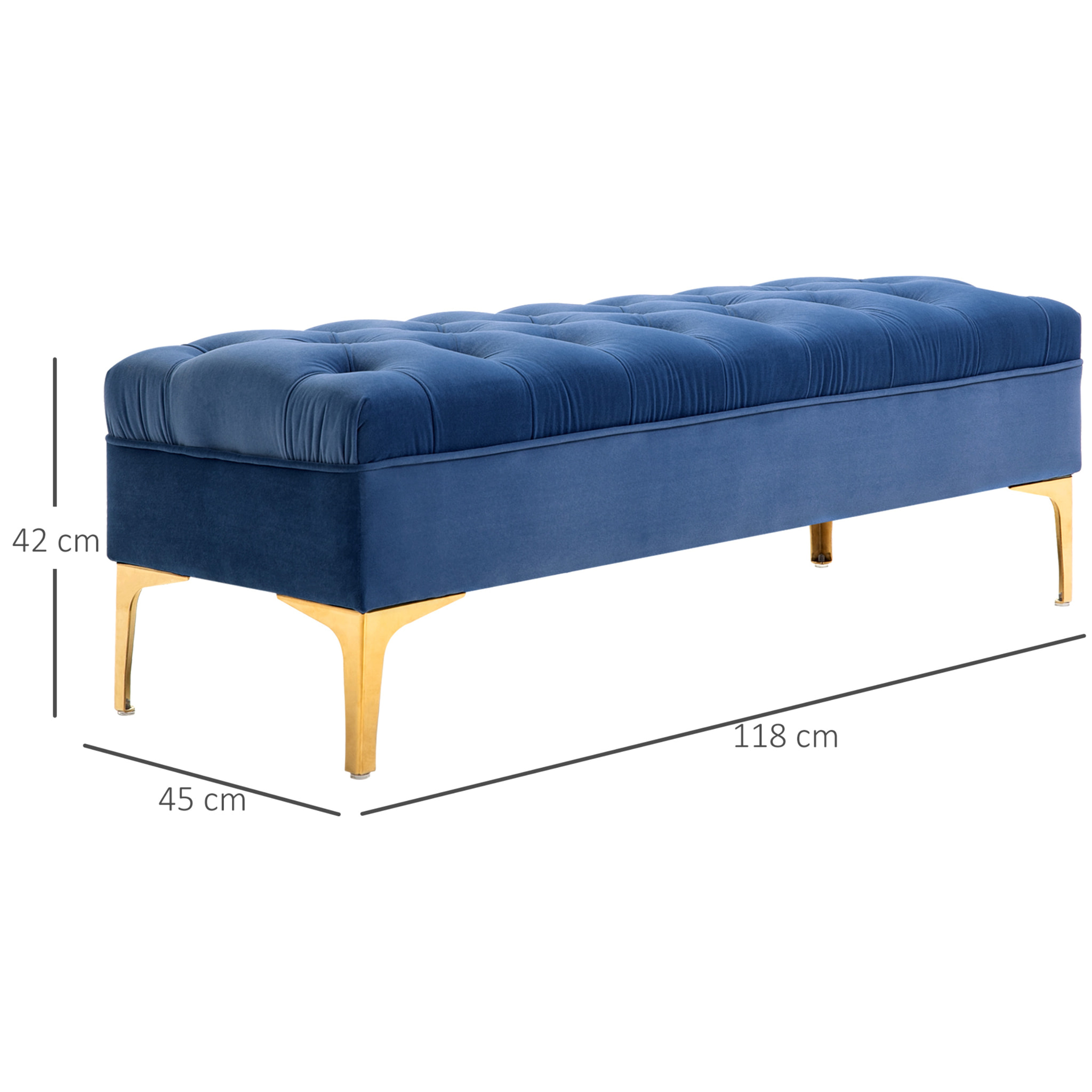 Banc banquette capitonnée style classique chic dim. 118L x 45l x 42H cm piètement métal doré velours bleu roi