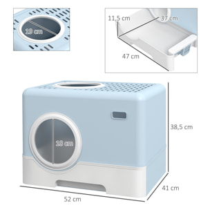 Arenero para Gatos Cubierto, Caja de Arena para Gatos con Bandeja Extraíble, Entrada Frontal y Salida Superior, Pala, Fácil de Limpiar, Antifugas, Azul