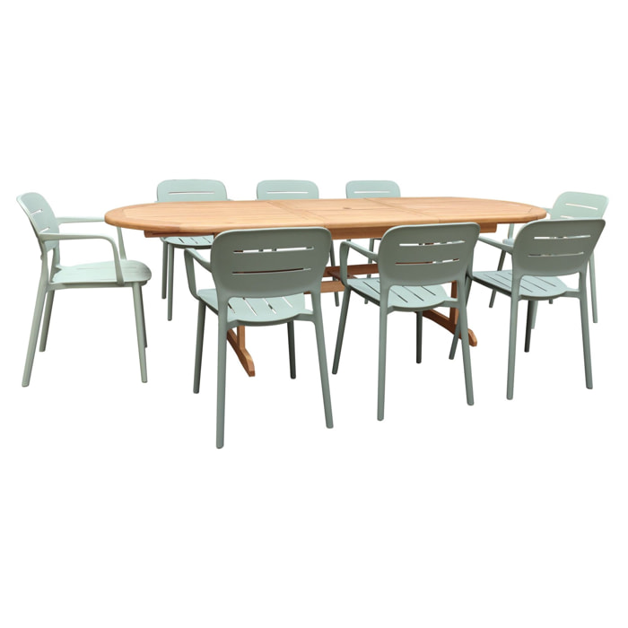 ENSEMBLE DE JARDIN TABLE BOIS 180-240CM AVEC 8 FAUTEUILS VERT SUMSET