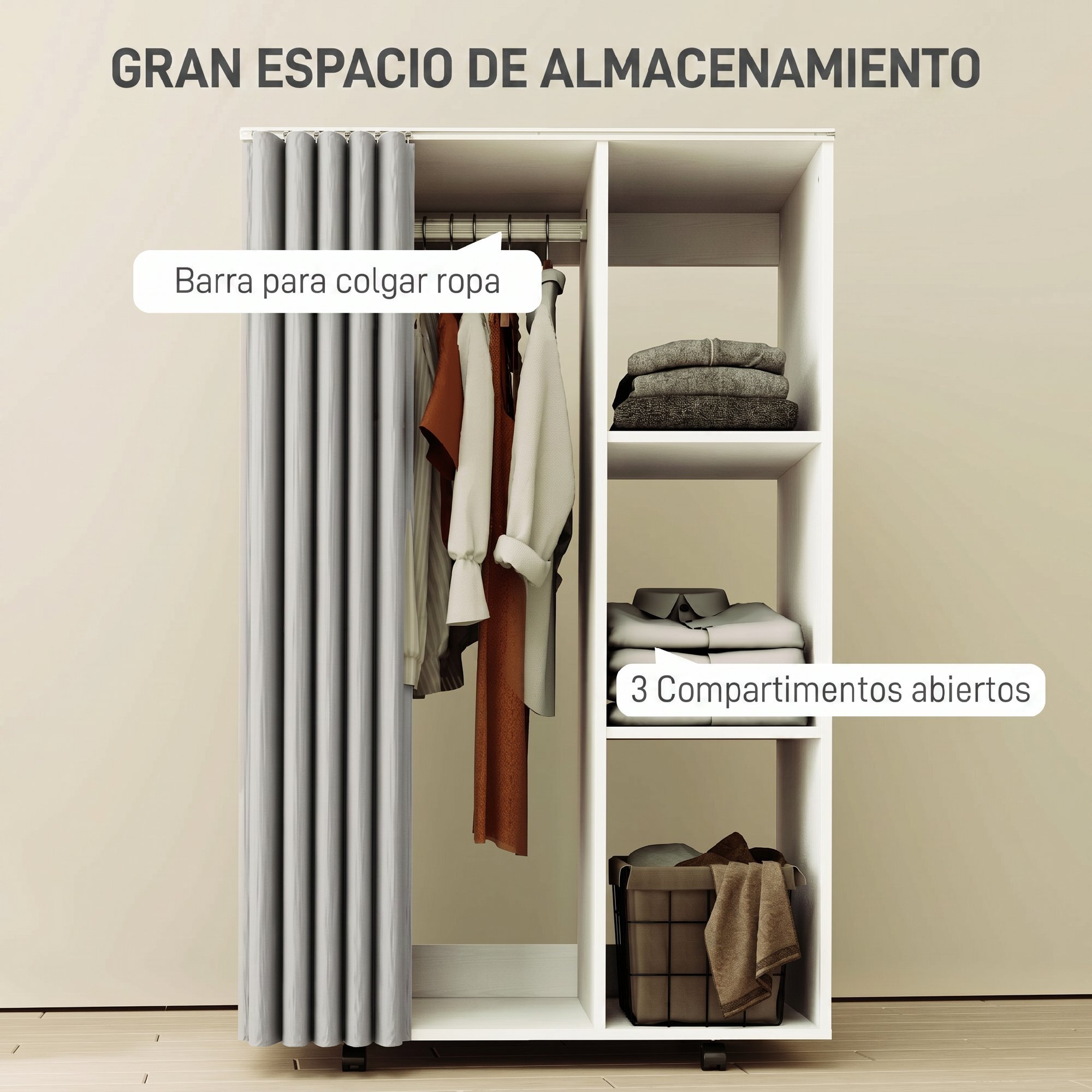 HOMCOM Armario Ropero con Ruedas, Armario para Ropa con Cortina, Barra para Colgar, 3 Estantes Abiertos, para Dormitorio, 80x40x128 cm, Blanco