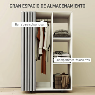HOMCOM Armario Ropero con Ruedas, Armario para Ropa con Cortina, Barra para Colgar, 3 Estantes Abiertos, para Dormitorio, 80x40x128 cm, Blanco
