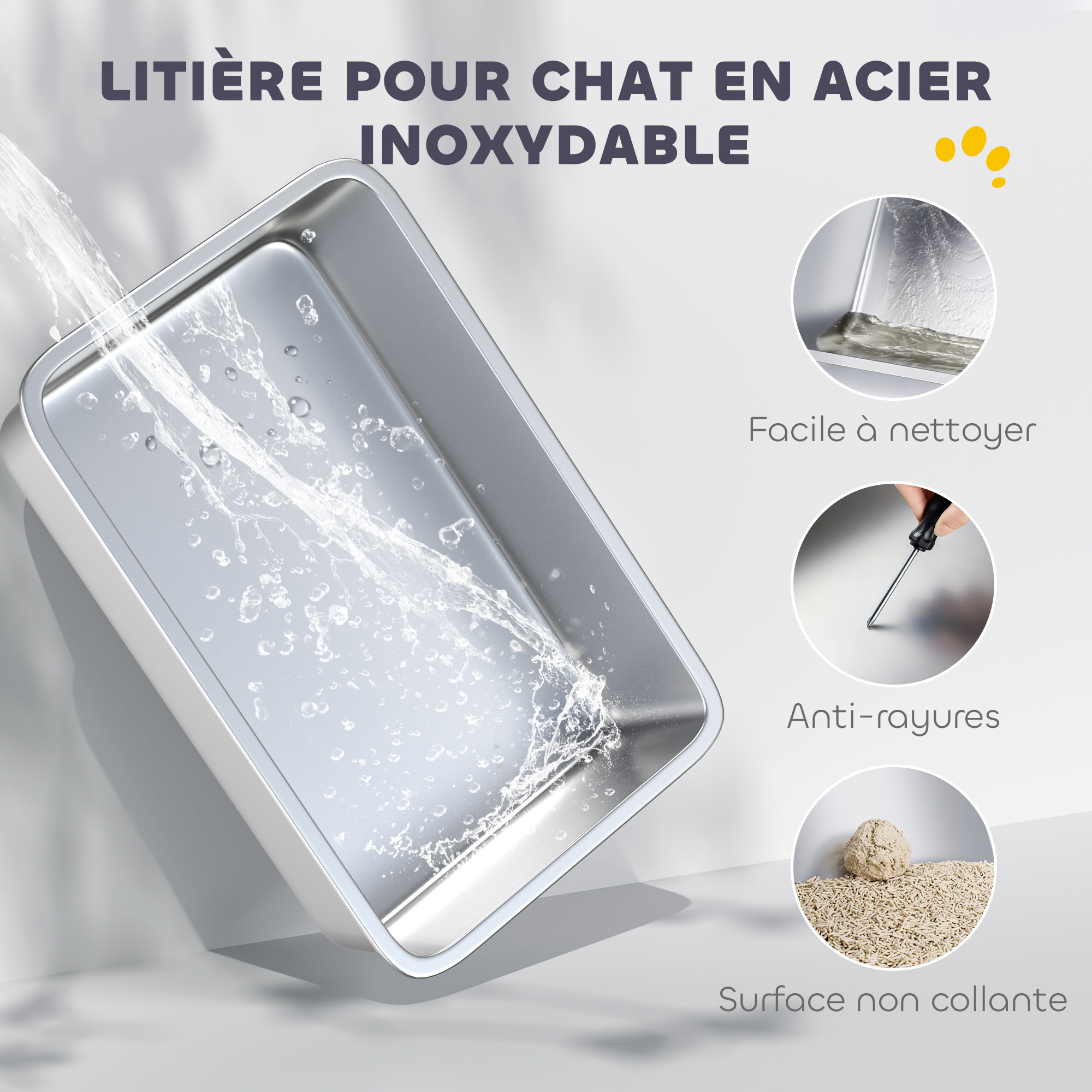Maison de toilette bac à litière fermé acier inox - pelle, couvercle amovible, porte, anti-fuite - gris clair