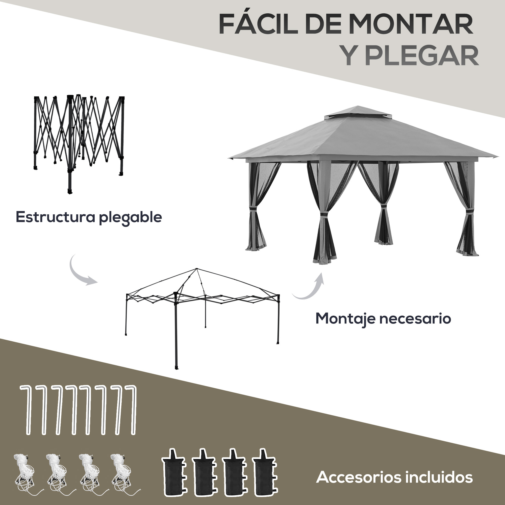 Carpa Plegable Pop-up 4x4x2,8 m Cenador de Jardín con Paredes Altura Ajustable Anti-UV Impermeable Doble Techo Mosquiteras y Bolsa de Ruedas Gazebo para Exterior Fiestas Camping Gris Oscuro
