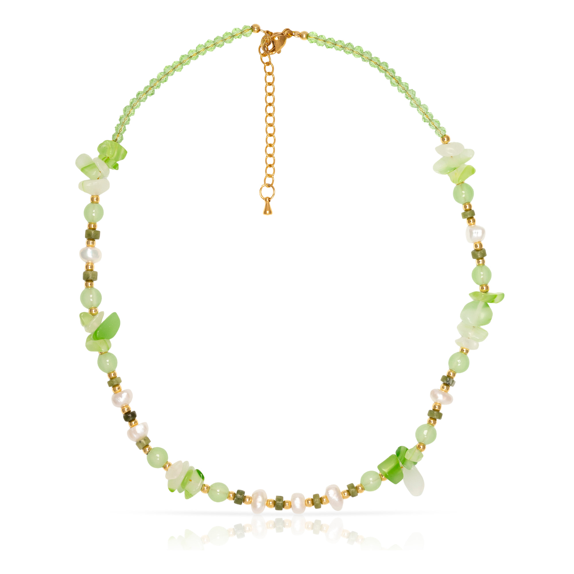 Collar de ágata verde y perlas naturales, con cierre de mosquetón.