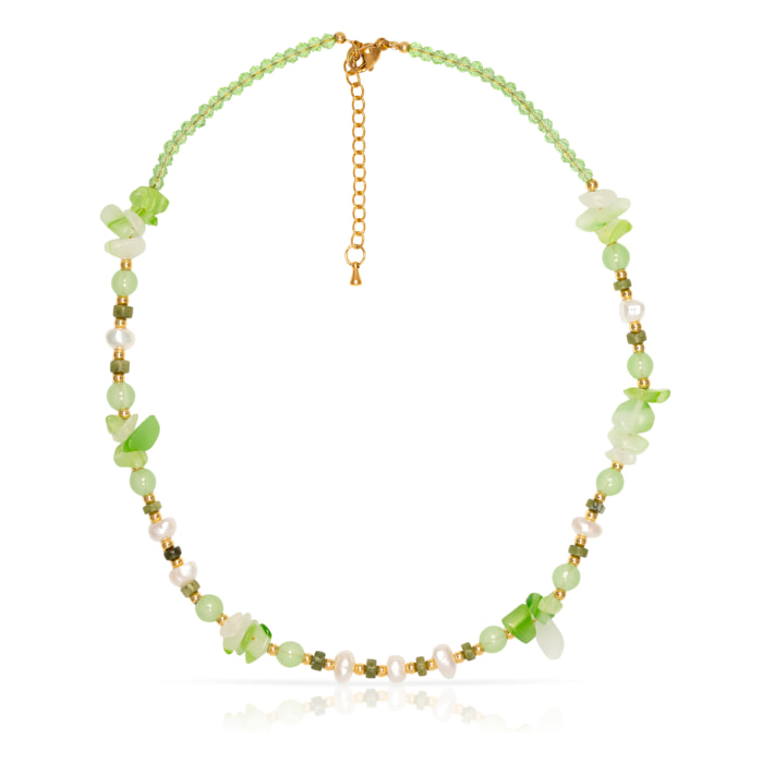 Collar de ágata verde y perlas naturales, con cierre de mosquetón.