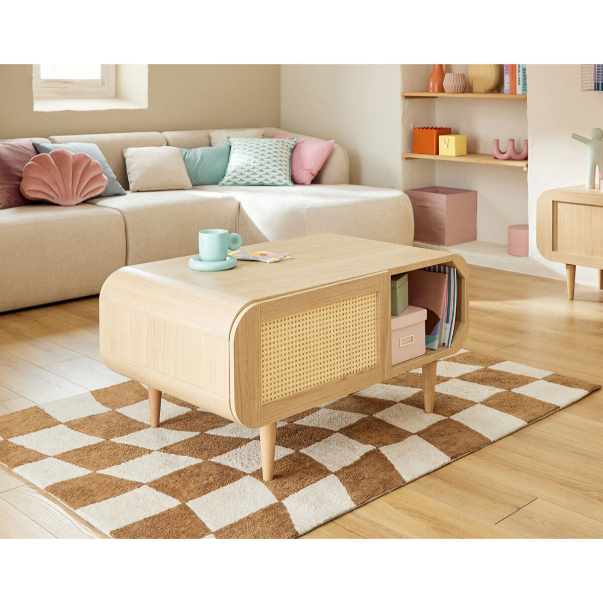 Mathilde - table basse - effet bois et cannage - 1 niche - 100 cm - Bois