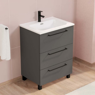 Conjunto de baño Haru | Mueble de baño con patas | 60 cm Gris Mate| Tres cajones | Lavabo encastrado | No incluye espejo | Alday