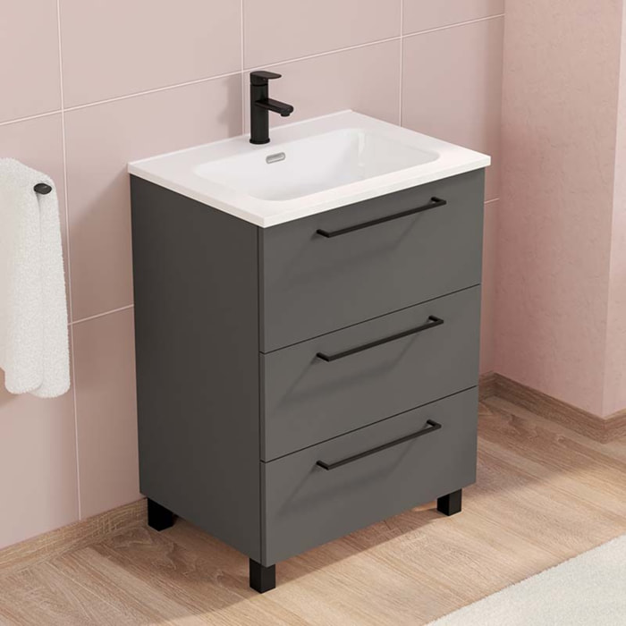 Conjunto de baño Haru | Mueble de baño con patas | 60 cm Gris Mate| Tres cajones | Lavabo encastrado | No incluye espejo | Alday