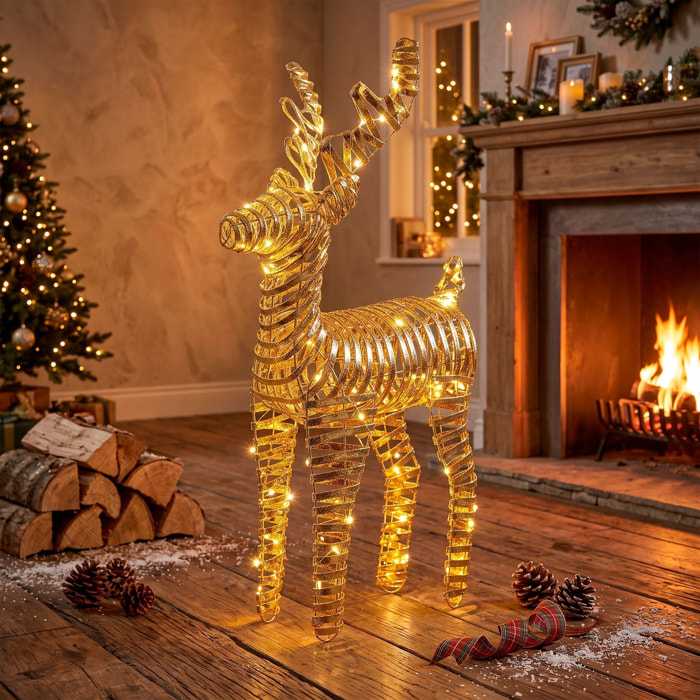 Reno navideño led dorado con 60 microled blanco cálido, con temporizador 36x14x60 cm
