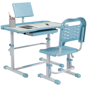 Juego de Escritorio y Silla para Niños de 6-12 Años Pupitre Infantil Altura Ajustable con 1 Cajón 1 Estante para Libros y Ángulo de Mesa Ajustable 80x49,5x82-104 cm Azul y Blanco