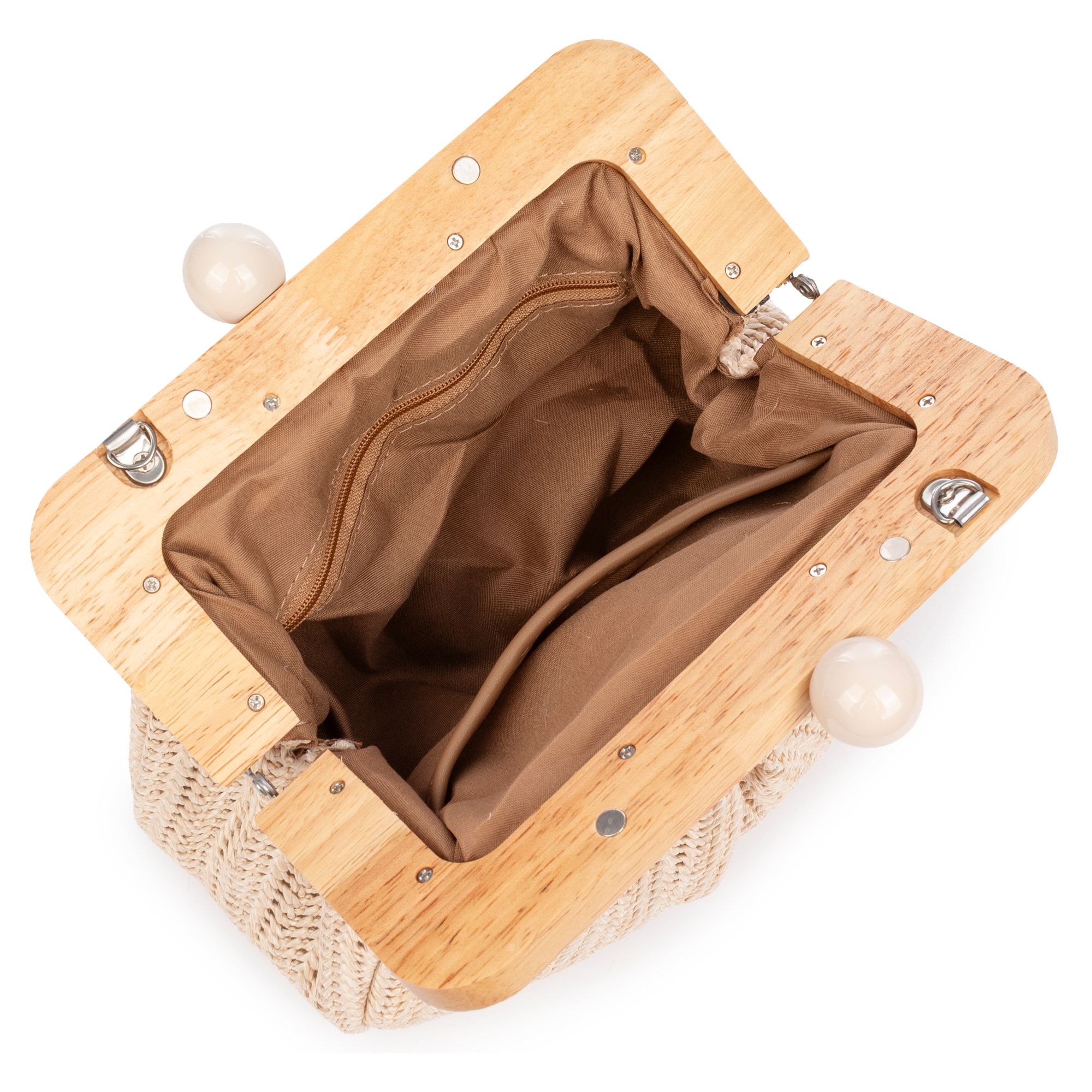BeneLario Bolso bandolera Mujer. Tela con detalles de madera natural y piel sintética.