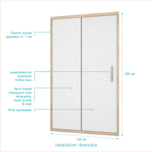 Porte de douche 120 coulissante HINATA - style Japandi courbes douces - Cadre effet Bois - Verre 6mm