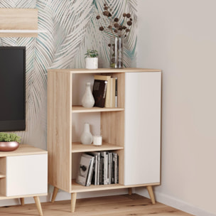 Credenza a 1 anta e 2 ripiani, Buffet con piedini, Madia da soggiorno in stile scandi, Libreria con scaffali, cm 40x90h116, colore Bianco e Rovere