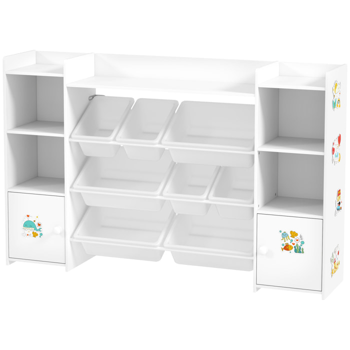 Bibliothèque enfant - rangement à bacs posés x 8 - 4 niches, 3 étagères, 2 portes - blanc