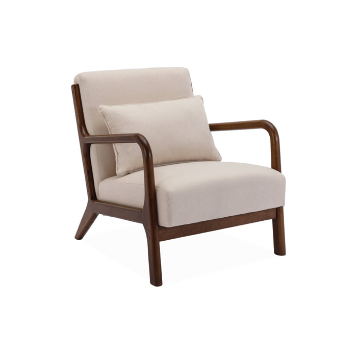 Fauteuil tissu beige . pieds bois d'hévéa teinté noyer. 1 place droit fixe. pieds compas scandinave. structure en bois solide