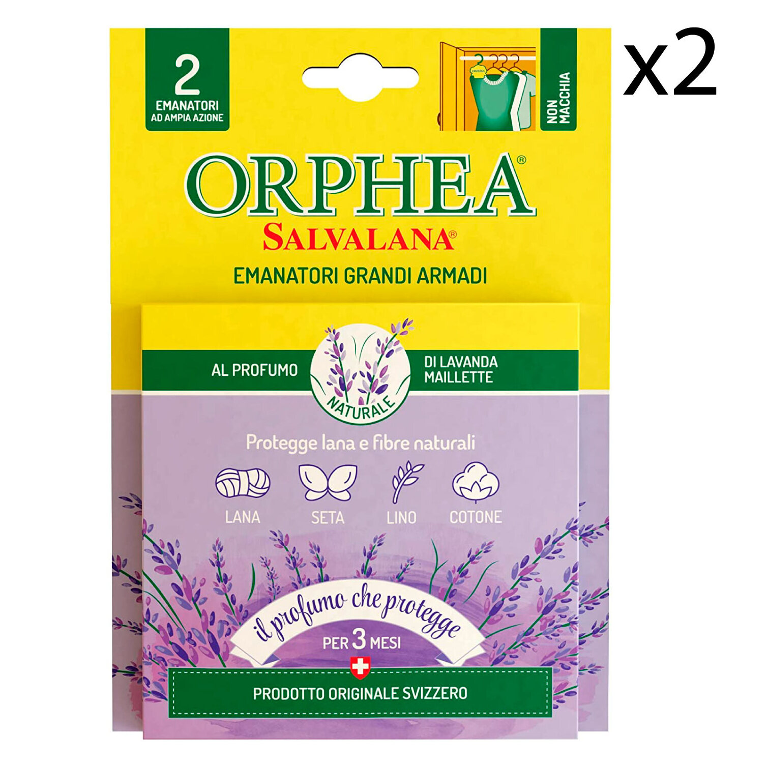 2x Orphea Salvalana Emanatori Grandi Armadi Protegge Lana e Fibre Naturali Lavanda Maillette - 2 Confezioni da 2 Emanatori