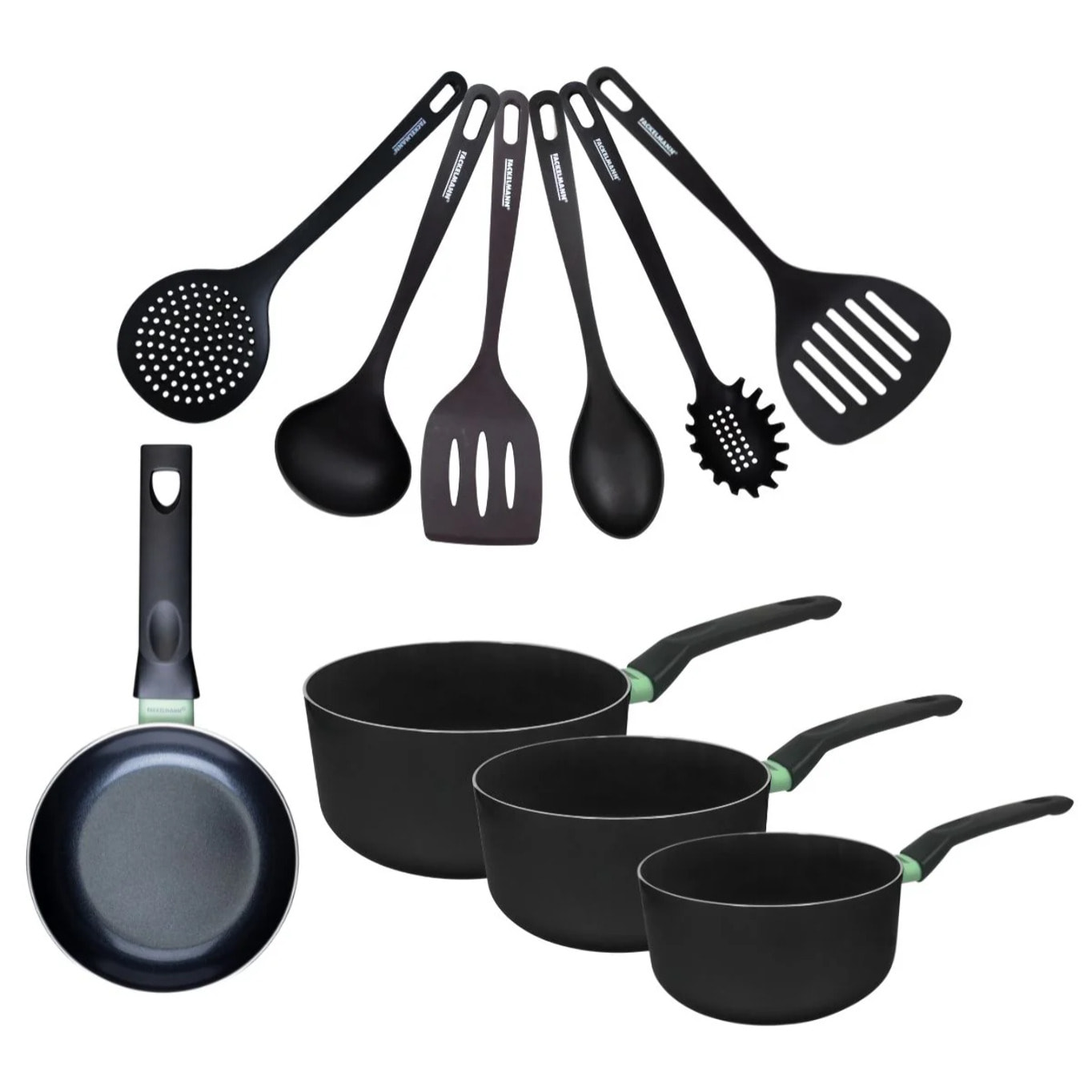 Set de 1 poêle 16 cm, 3 casseroles antiadhésives céramique 16, 18 et 20 cm et 6 ustensiles Fackelmann Brandao