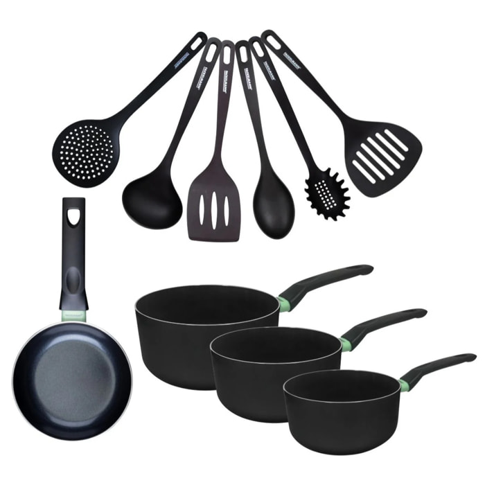 Set de 1 poêle 16 cm, 3 casseroles antiadhésives céramique 16, 18 et 20 cm et 6 ustensiles Fackelmann Brandao