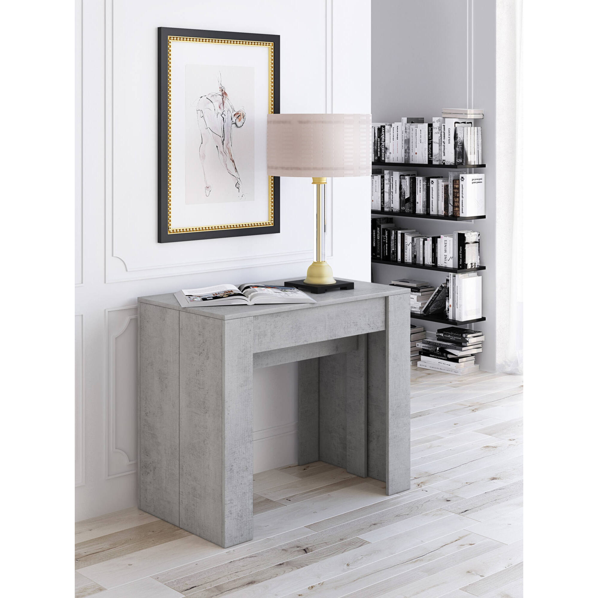 Tavolo da pranzo moderno, Consolle allungabile fino a 10 posti, Misure 90 x 51 x 77 cm (fino a 237 con allunghe), Colore Grigio - Cemento