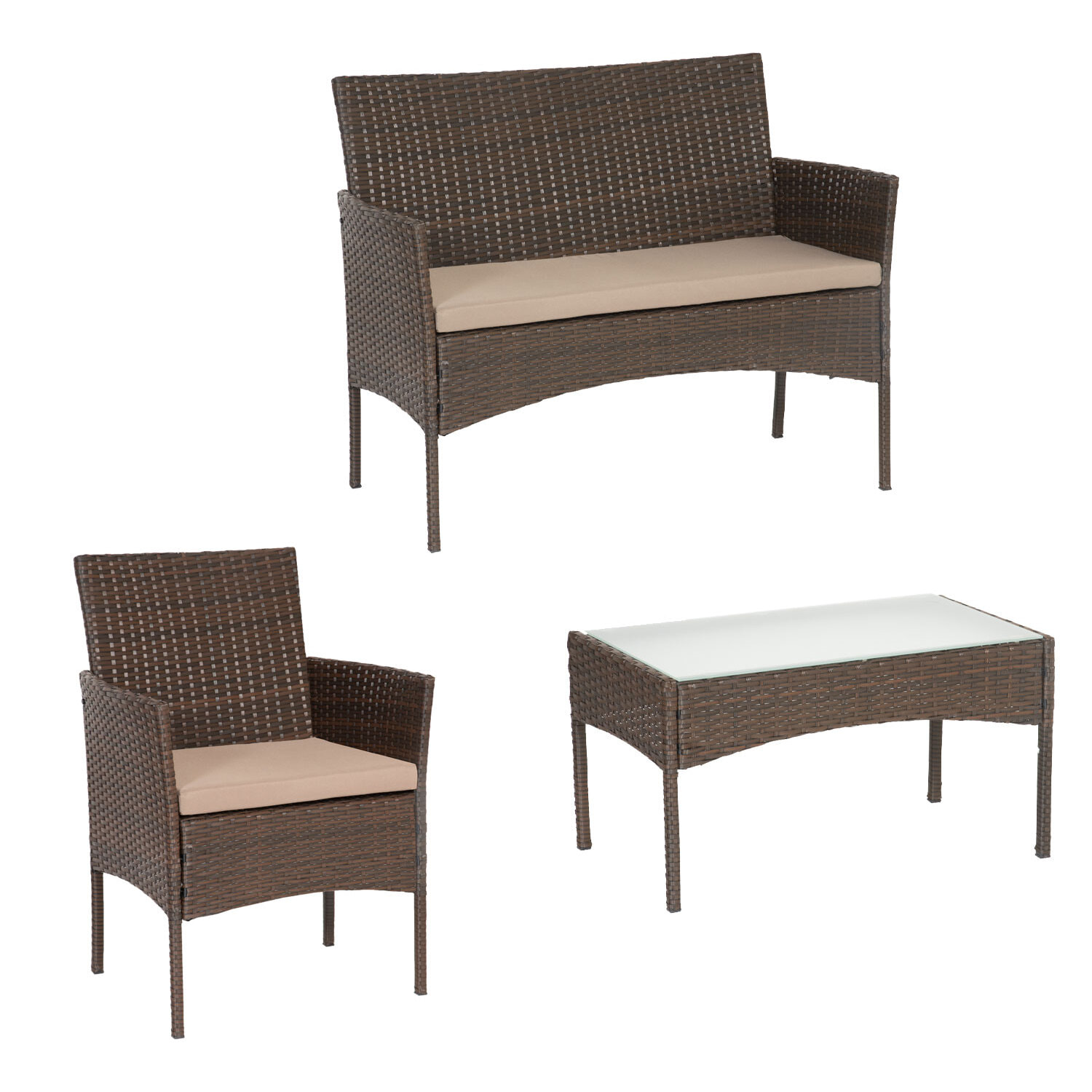 Salon de jardin CORDOUE en résine tressée marron 4 places - coussins taupe