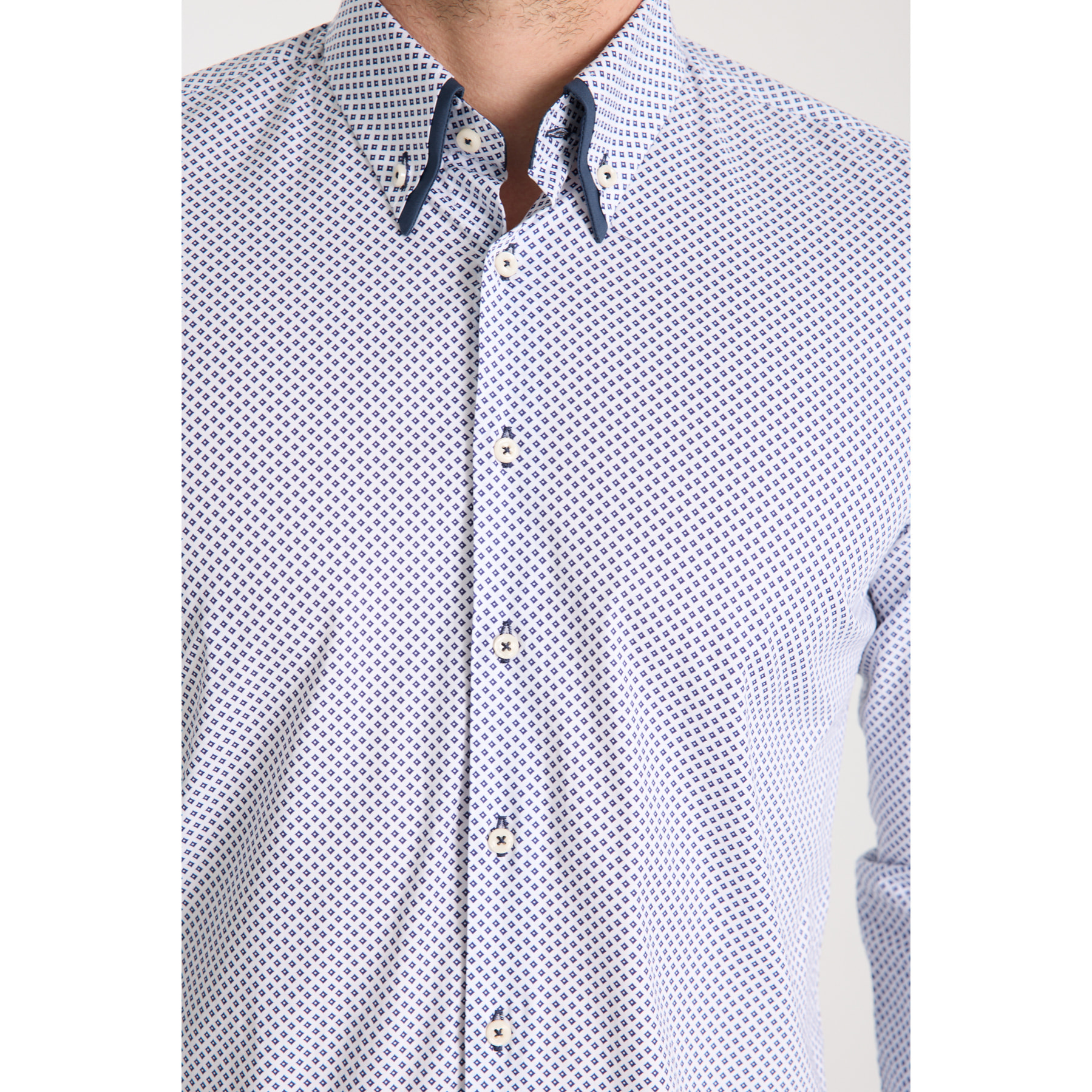Camicia Uomo 2 Bottoni Button Down Doppio Coll Popeline Stretch Stampato Bianco e Blu