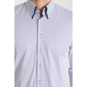 Camicia Uomo 2 Bottoni Button Down Doppio Coll Popeline Stretch Stampato Bianco e Blu