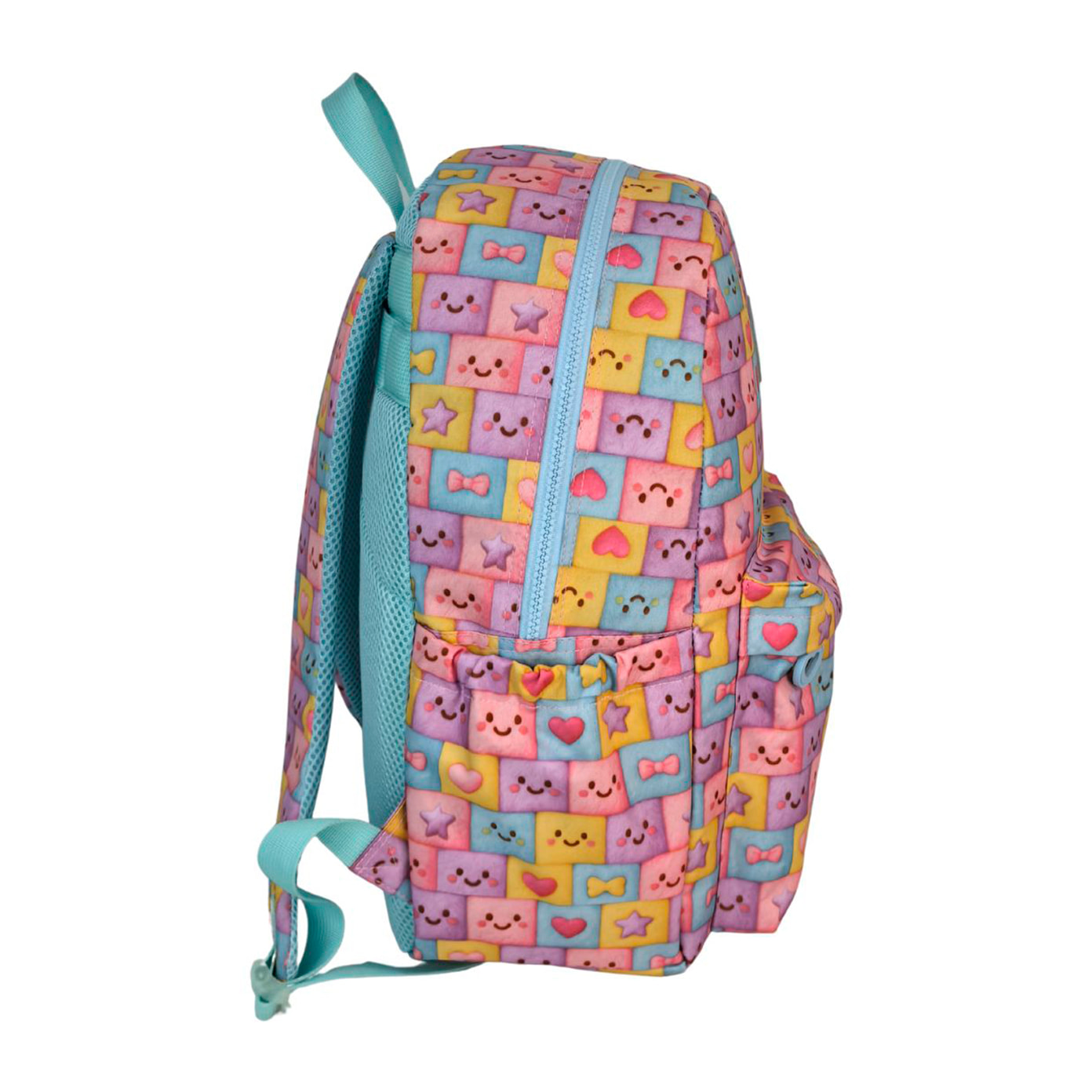 Zaino Americano Blin Blin Faces. Comparto per laptop. Schienale e spallacci regolabili e imbottiti. Con accessorio pom pom.