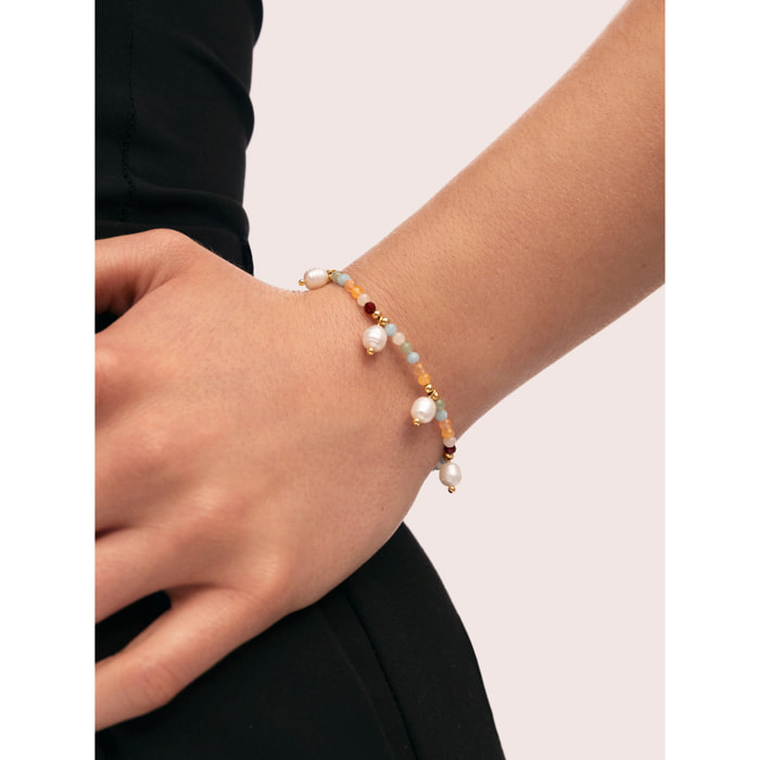 Pulsera Crystal Perlas Acero Baño Oro