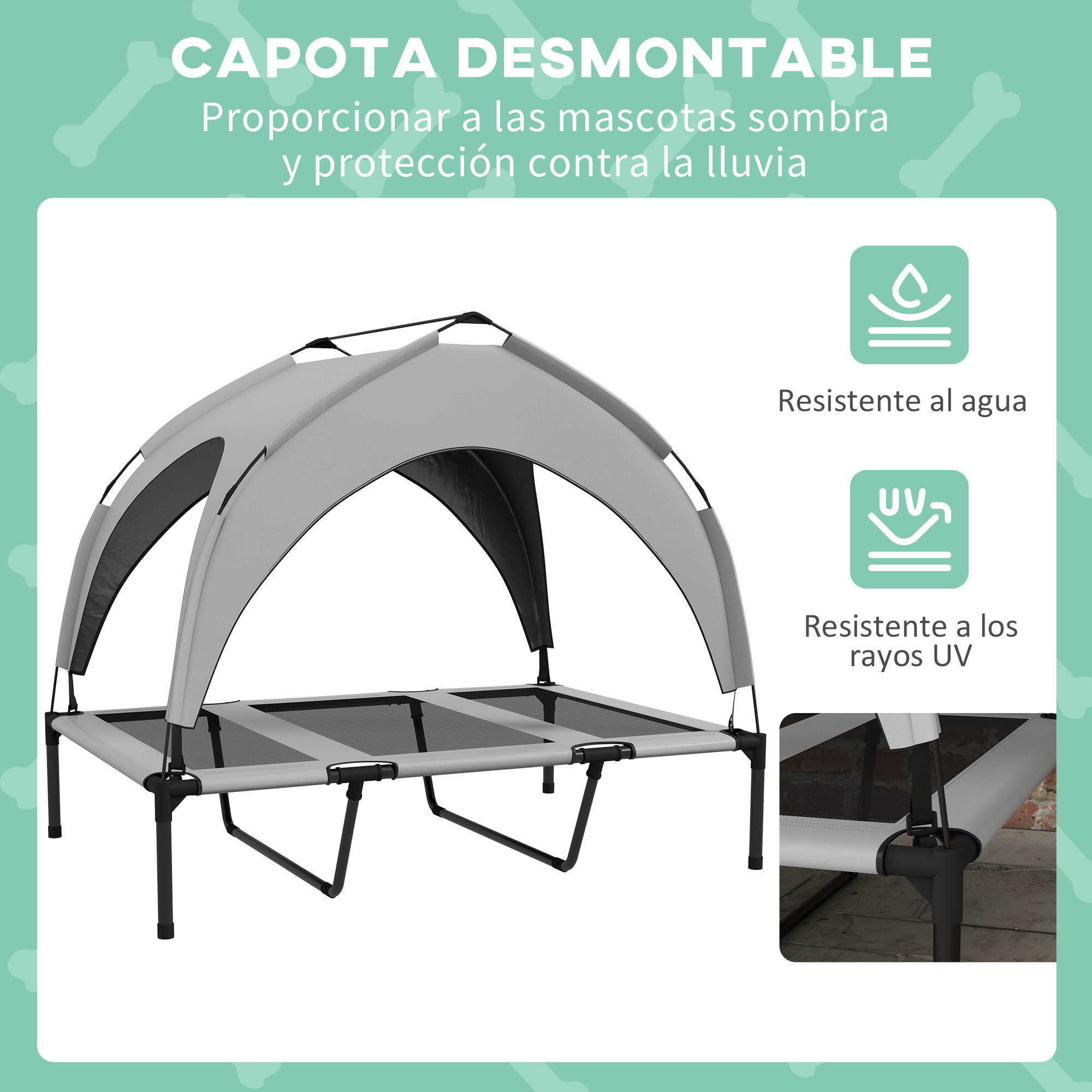 Cama para Perros Elevada con Toldo, Cama para Perros Grandes, Refrescante y Transpirable, 106x76x94 cm, con Marco de Acero y Bolsa de Transporte, para Interior y Exterior, Gris Claro