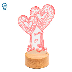 Lámpara ambiental efecto 3D, diseño Love, base efecto madera. Luz LED.