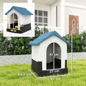 Caseta para Perros Mini para Exterior, Casa para Perros de Plástico con 3 Ventanas, Base Elevada, Techo de Tejas de Imitación, 64,5x57x66 cm, Azul