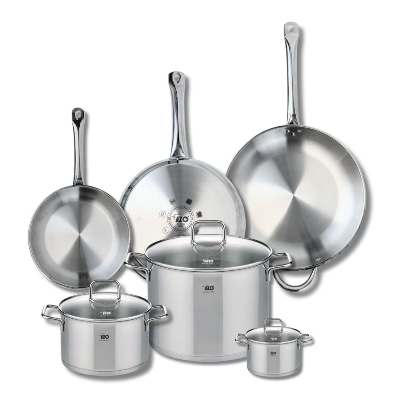 Ensemble de 3 Poêles de cuisson 24, 28 et 32 cm et 3 faitouts 12, 20 et 26 cm Elo Profi Citrin
