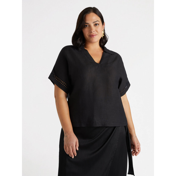 Fiorella Rubino - Blusa de lino con mangas bordadas - Negro