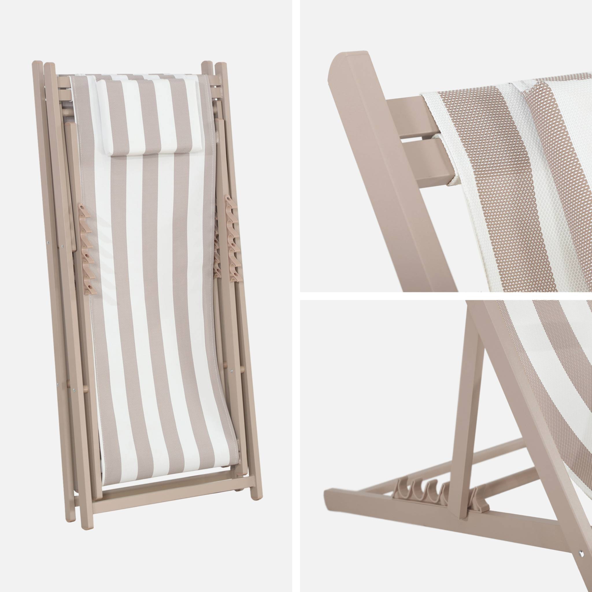 Lot de 2 bains de soleil - Gaia rayures marron - Transat en aluminium gris anthracite et textilene rayures marron avec coussin repose tête. chilienne