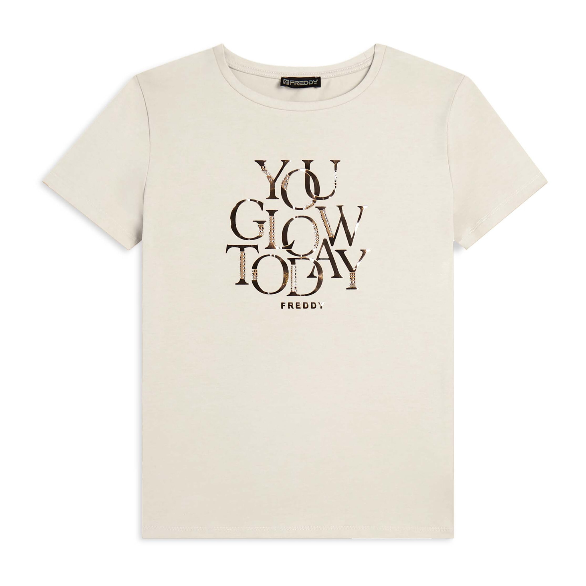 T-shirt con strass “You Glow Today”