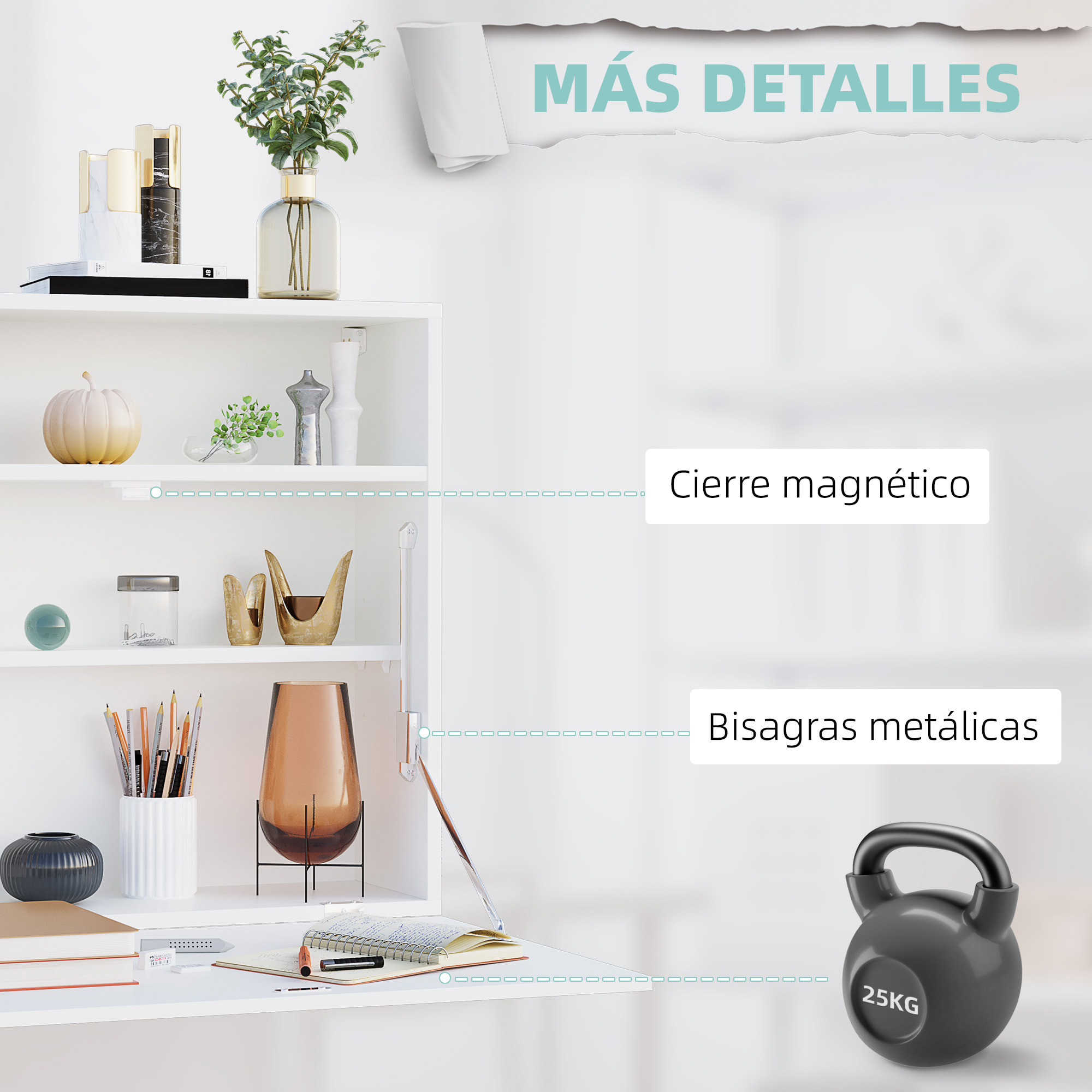 Mesa Plegable de Pared Moderno Escritorio Flotante Multifuncional con Estantes de Almacenamiento Carga 40 kg para Dormitorio Salón Oficina 64x20x60 cm Blanco