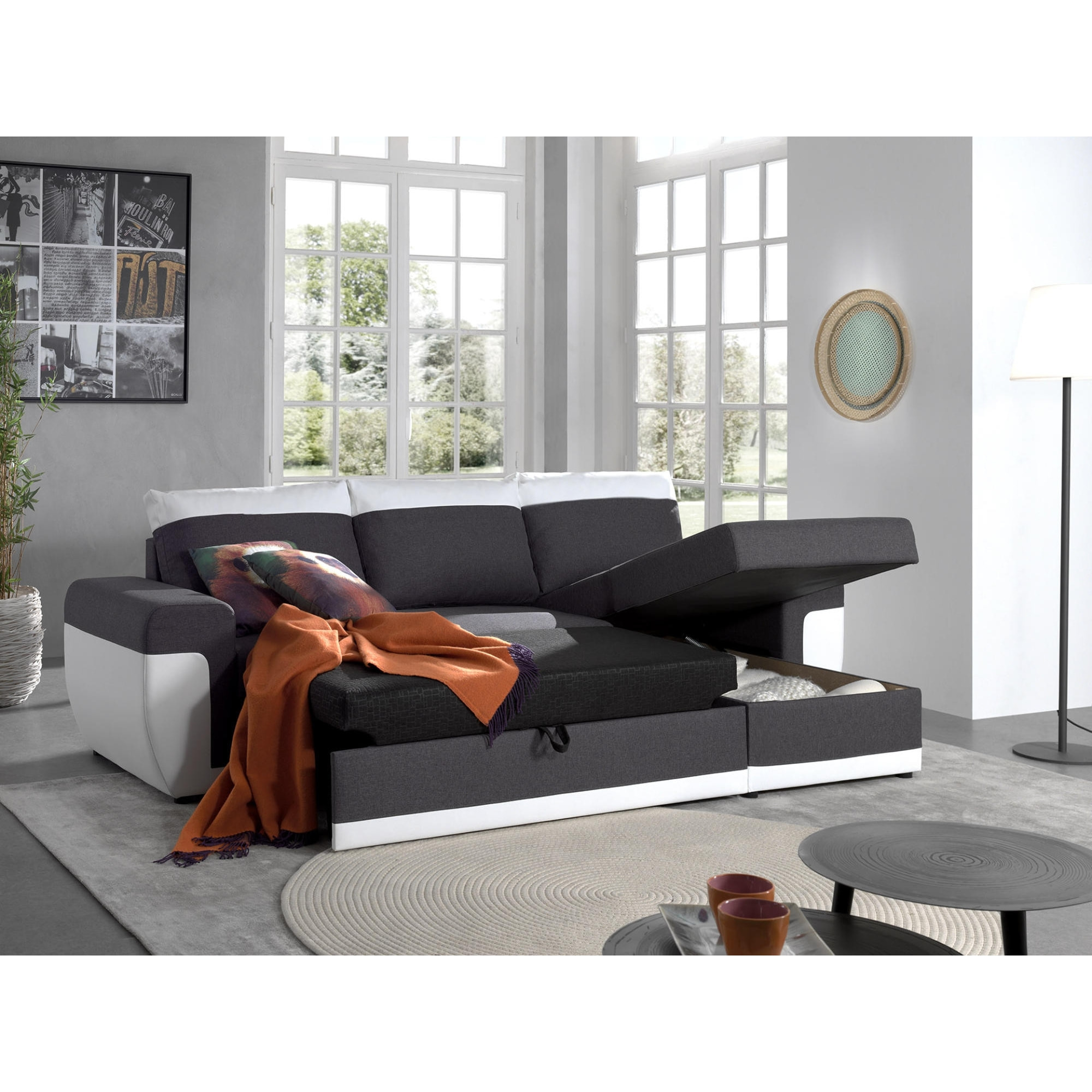 Milan - Canapé d'angle réversible - 4 places - Convertible avec coffre - En simili et tissu - Blanc / Gris