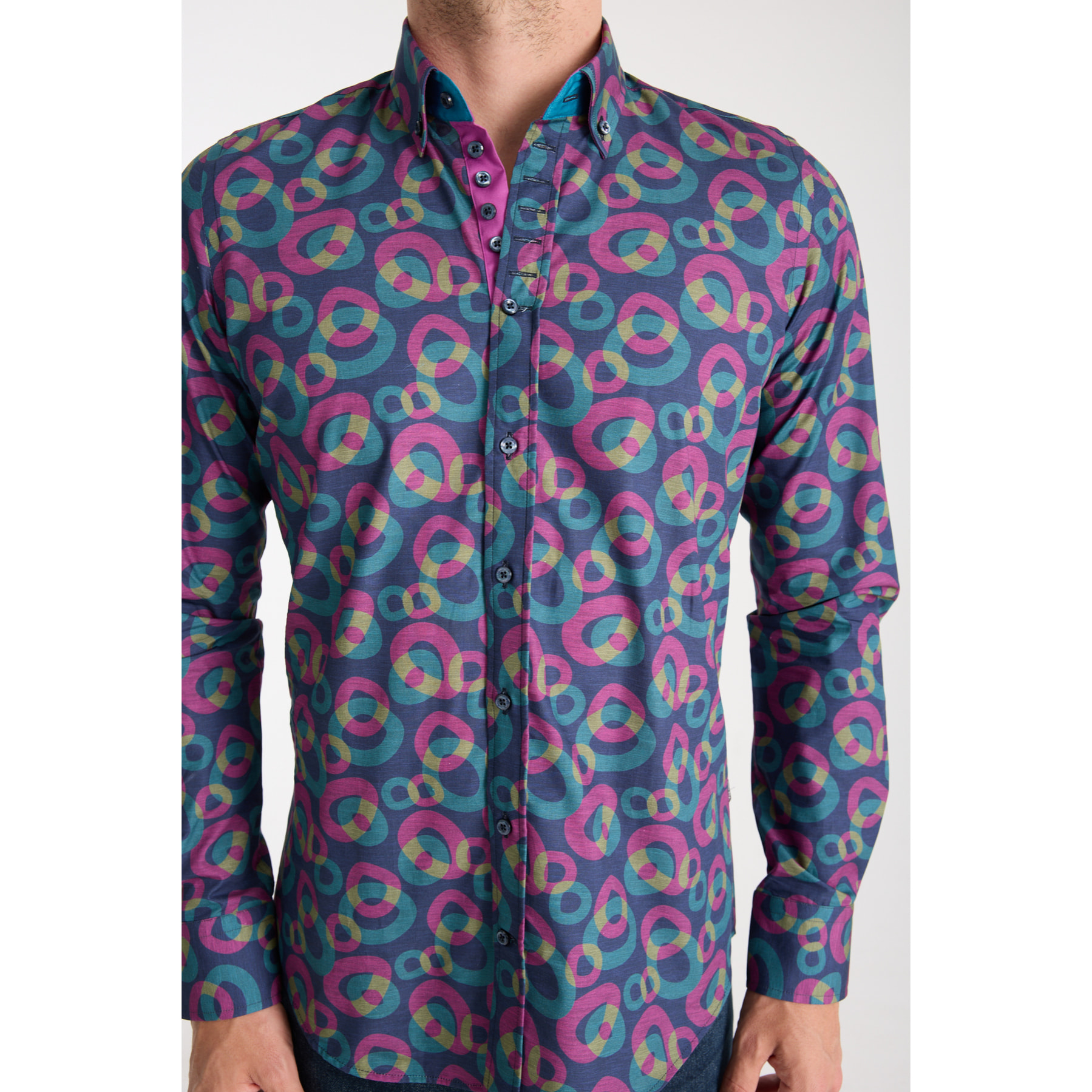 Camicia Uomo 1 Bottoni Button Down Slim Popeline Stampato Blu/Viola Ciclamino