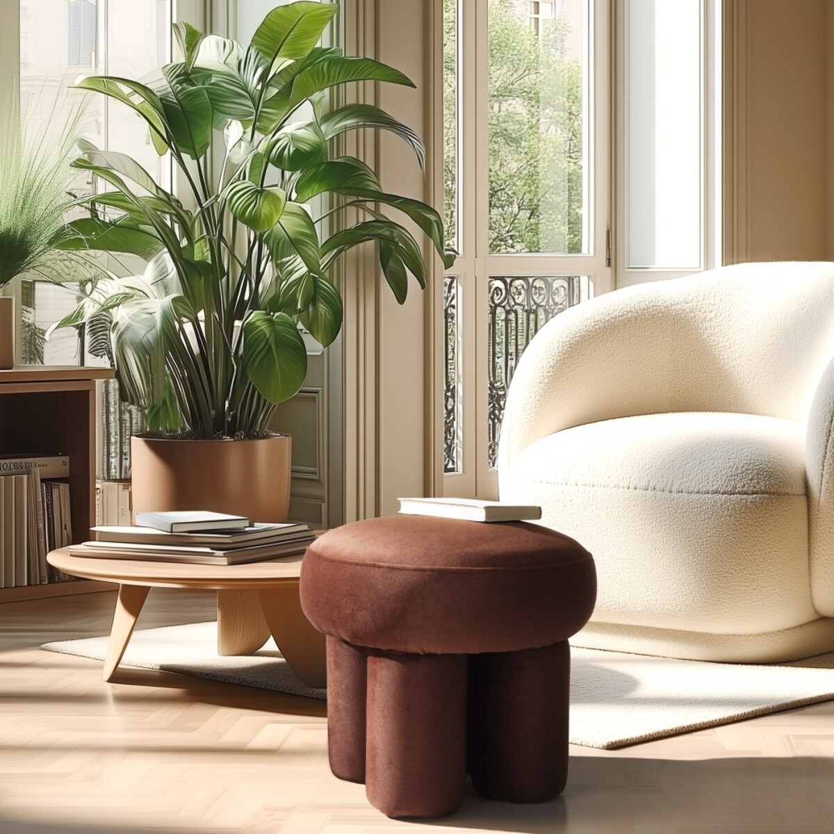 LEOPOLD - Pouf forme design n°2 en tissu effet velours marron