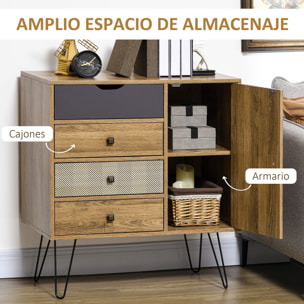 Cómoda con 4 Cajones Cajonera de Madera con Puerta Estante Ajustable y Patas de Metal para Salón Dormitorio Cocina 79x39x86 cm Marrón