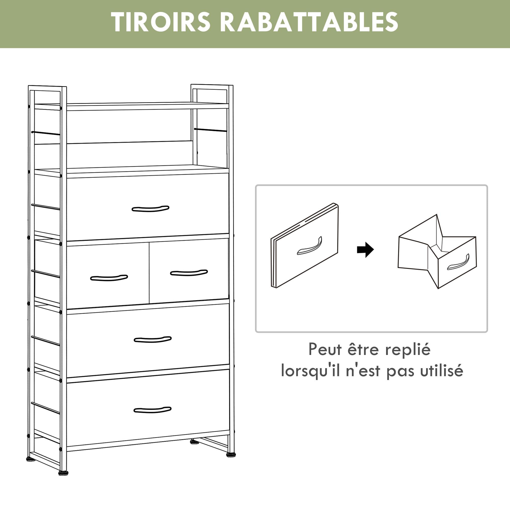 Meuble de rangement commode 5 tiroirs 2 étagères acier MDF non tissé noir