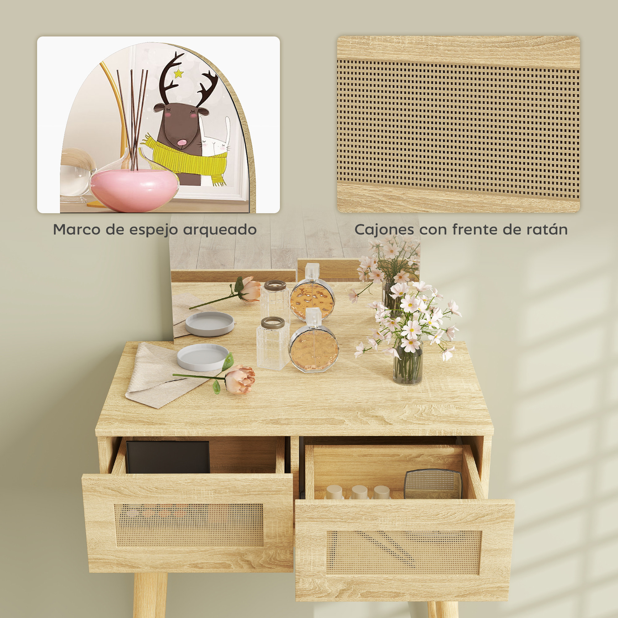 Tocador con Espejo Arqueado, Mesa de Maquillaje con 2 Cajones con Frontal de Ratán, Tocador de Maquillaje para Dormitorio, Espacios Pequeños, Natural