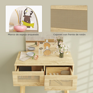 Tocador con Espejo Arqueado, Mesa de Maquillaje con 2 Cajones con Frontal de Ratán, Tocador de Maquillaje para Dormitorio, Espacios Pequeños, Natural