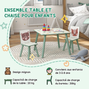 Ensemble table et chaises enfant design animaux de la forêt - table carrée + 2 chaises - bois pin MDF vert