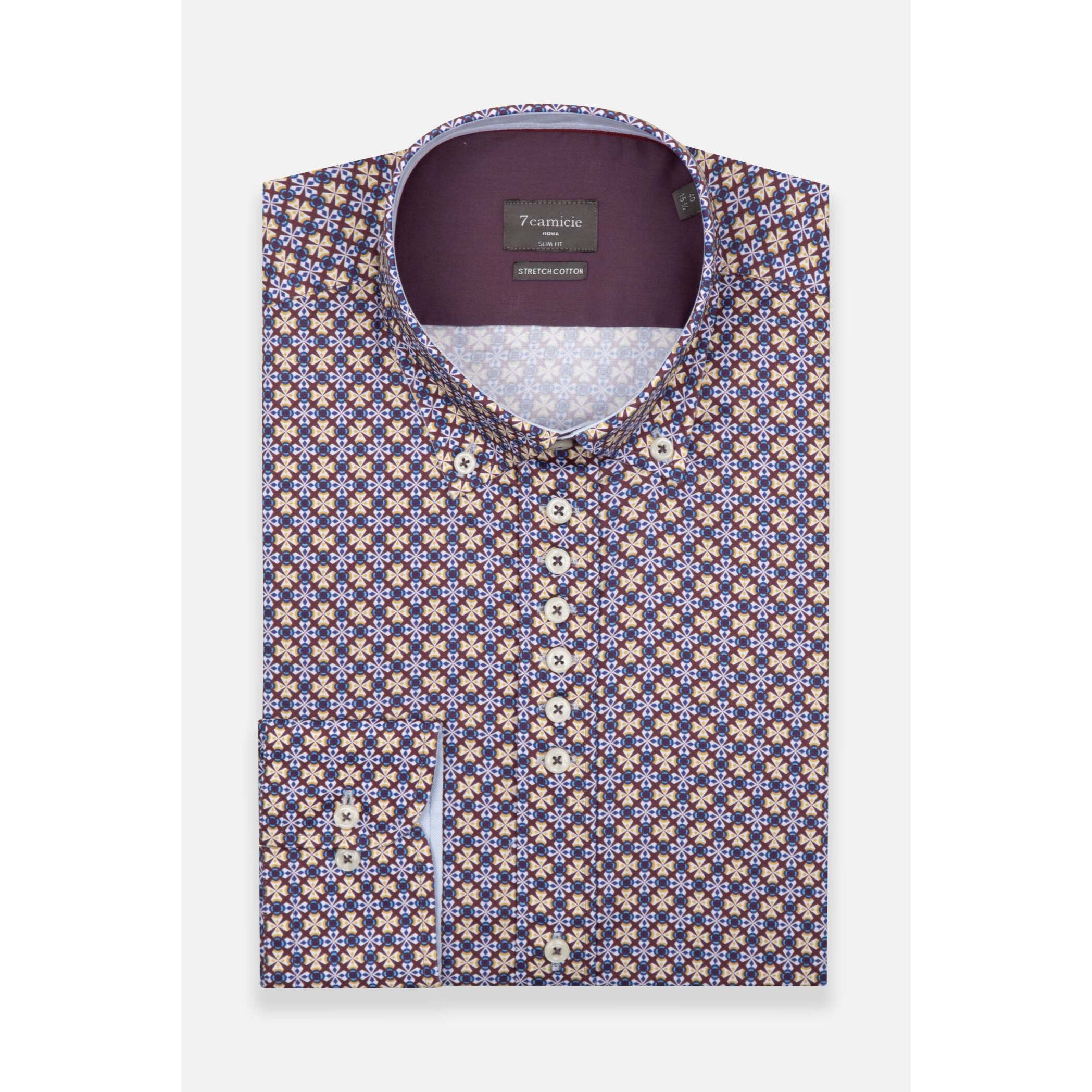 Camicia Uomo 1 Bottoni Button Down Slim Popeline Stretch Stampato Viola Melanzana/Bianco