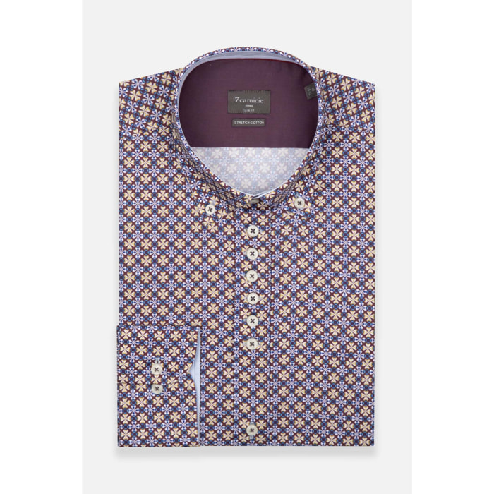 Camicia Uomo 1 Bottoni Button Down Slim Popeline Stretch Stampato Viola Melanzana/Bianco